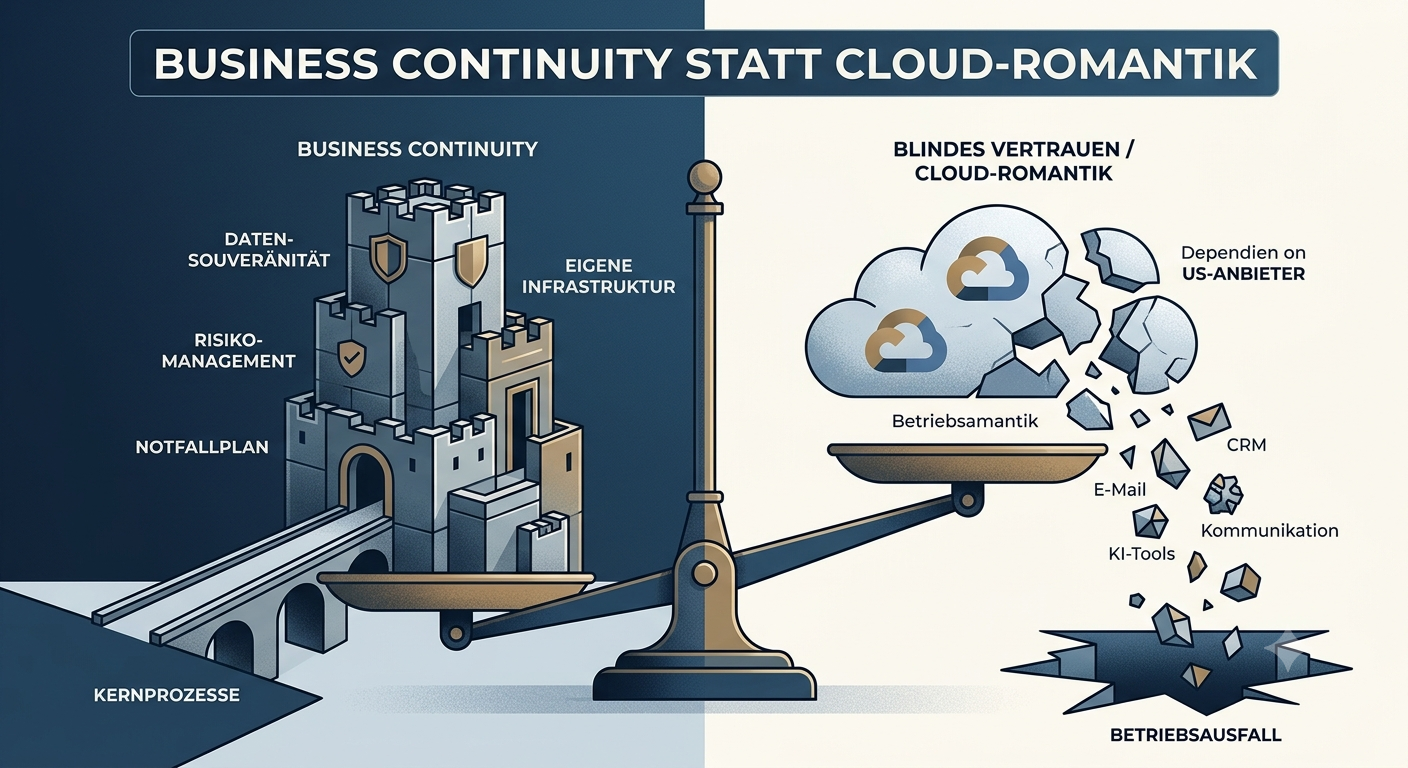 Symbolbild zum Artikel mit einer Wage in der Mitte. Visualisiert wird das Fundament, auf dem die Beschäftigten im Ernstfall weiterarbeiten können, während die rein externe Cloud-Abhängigkeit als Risiko (bröckelnd/fragil) dargestellt wird
